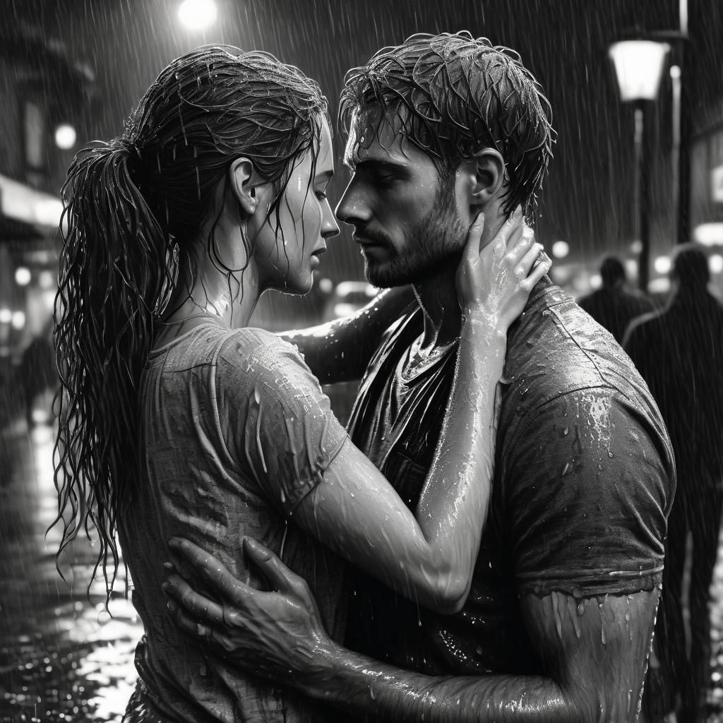 Couple Embrace in Wet City Street: Charcoal Sketch