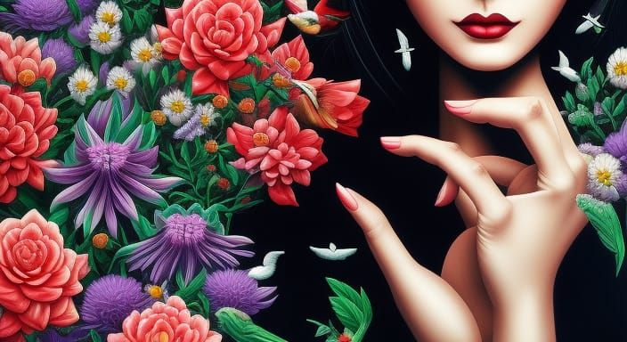 Woman Flying with Birds, Fairytale Magic Realism