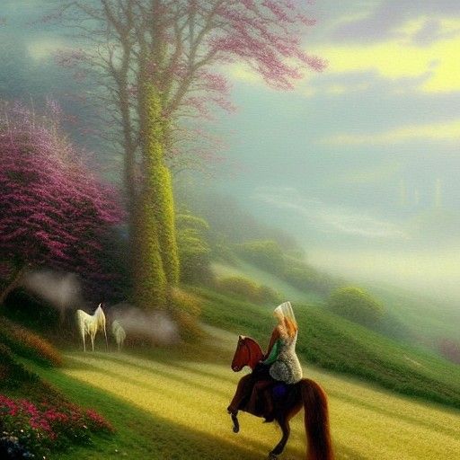 Celtic Woman on Horseback in Misty Field