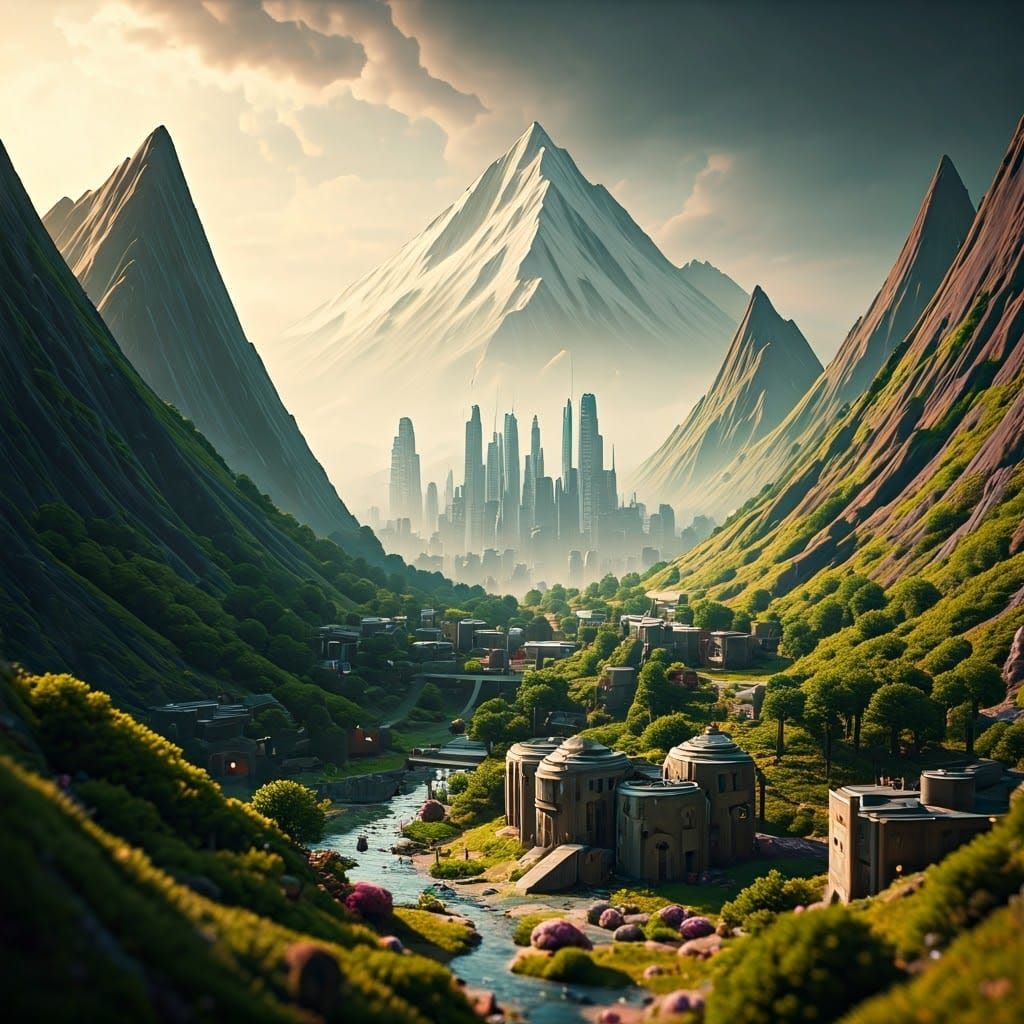 Vibrant Sci-Fi Valley Cityscape in 3D Diorama
