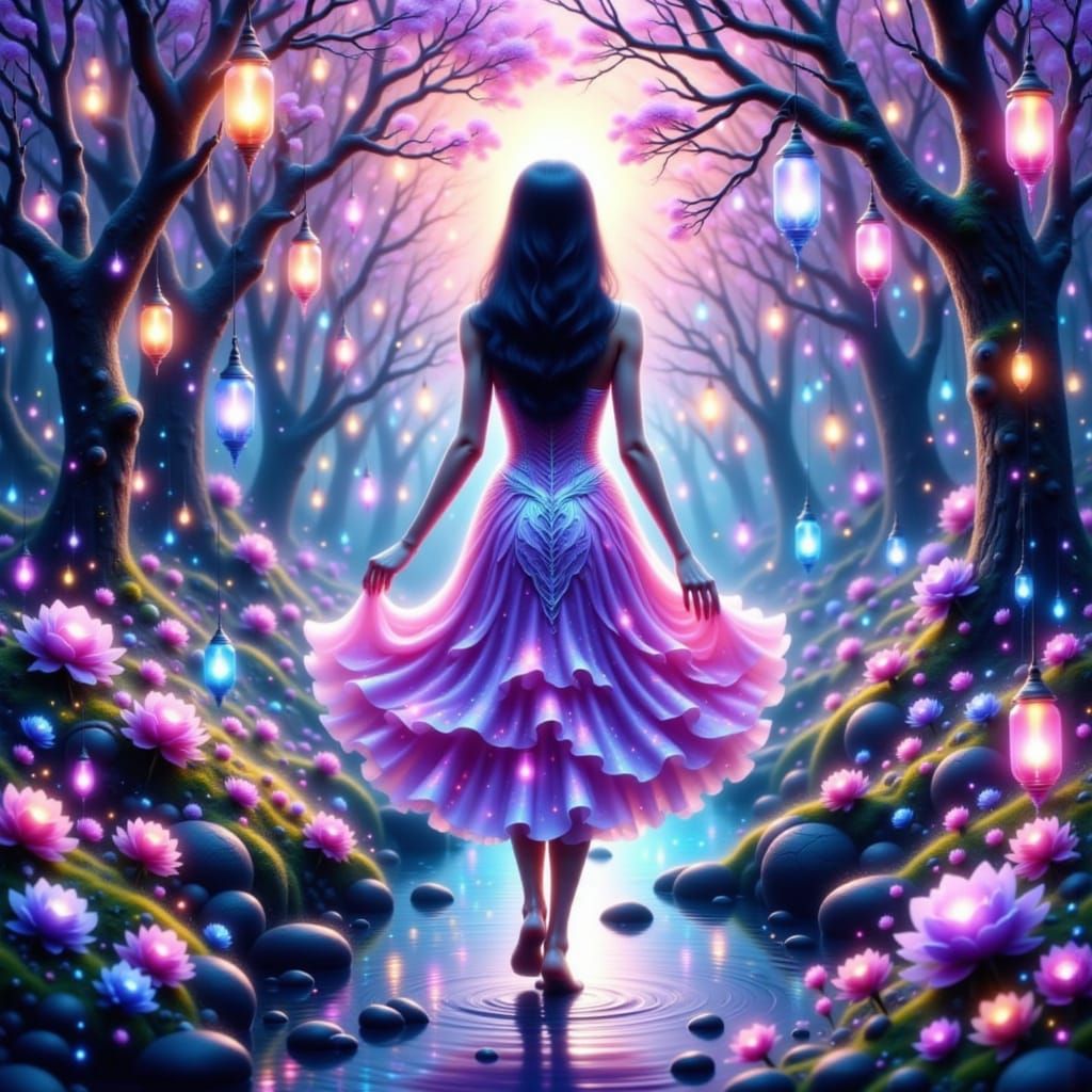 <lora:Springtime Flux:1.0> <lora:Starcadia:1.0> A magical fantasy forest illuminated by glowing lanterns and orbs, with ...