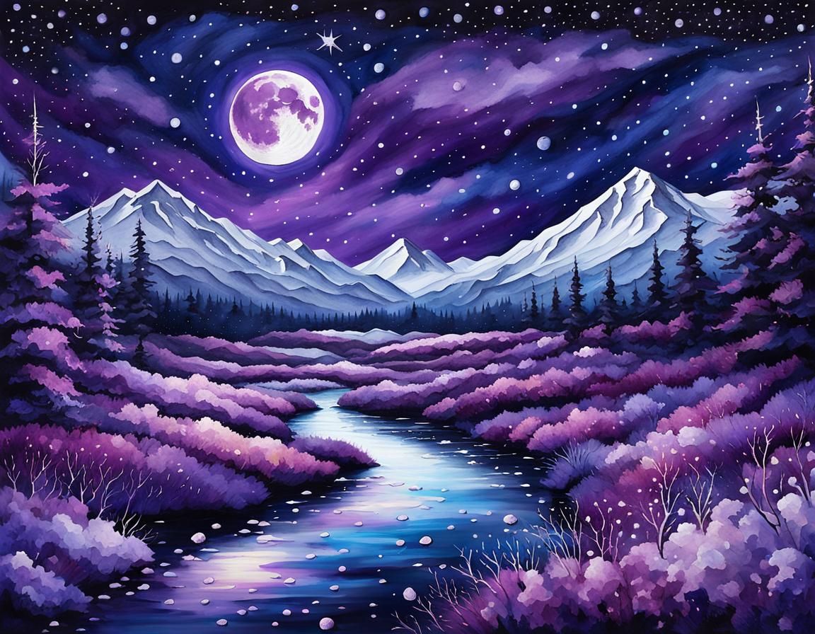 Purple Moon Over Winter Creek: Watercolor Masterpiece