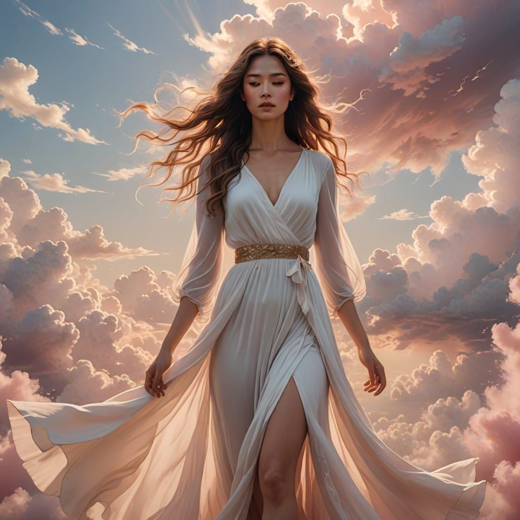 Ethereal Goddess Surrounded by Soft Pink Clouds