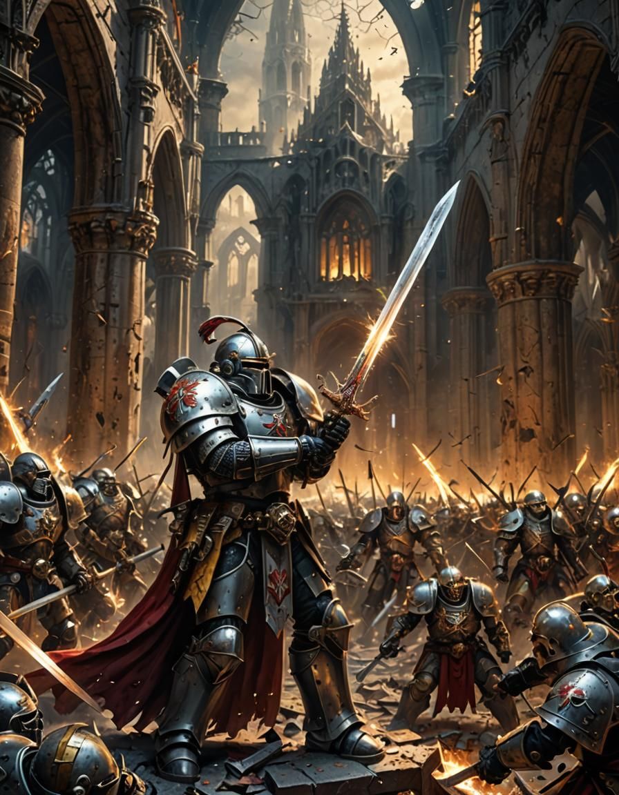 Grey Knights Champion Fighting Daemons in Gothic Ruins