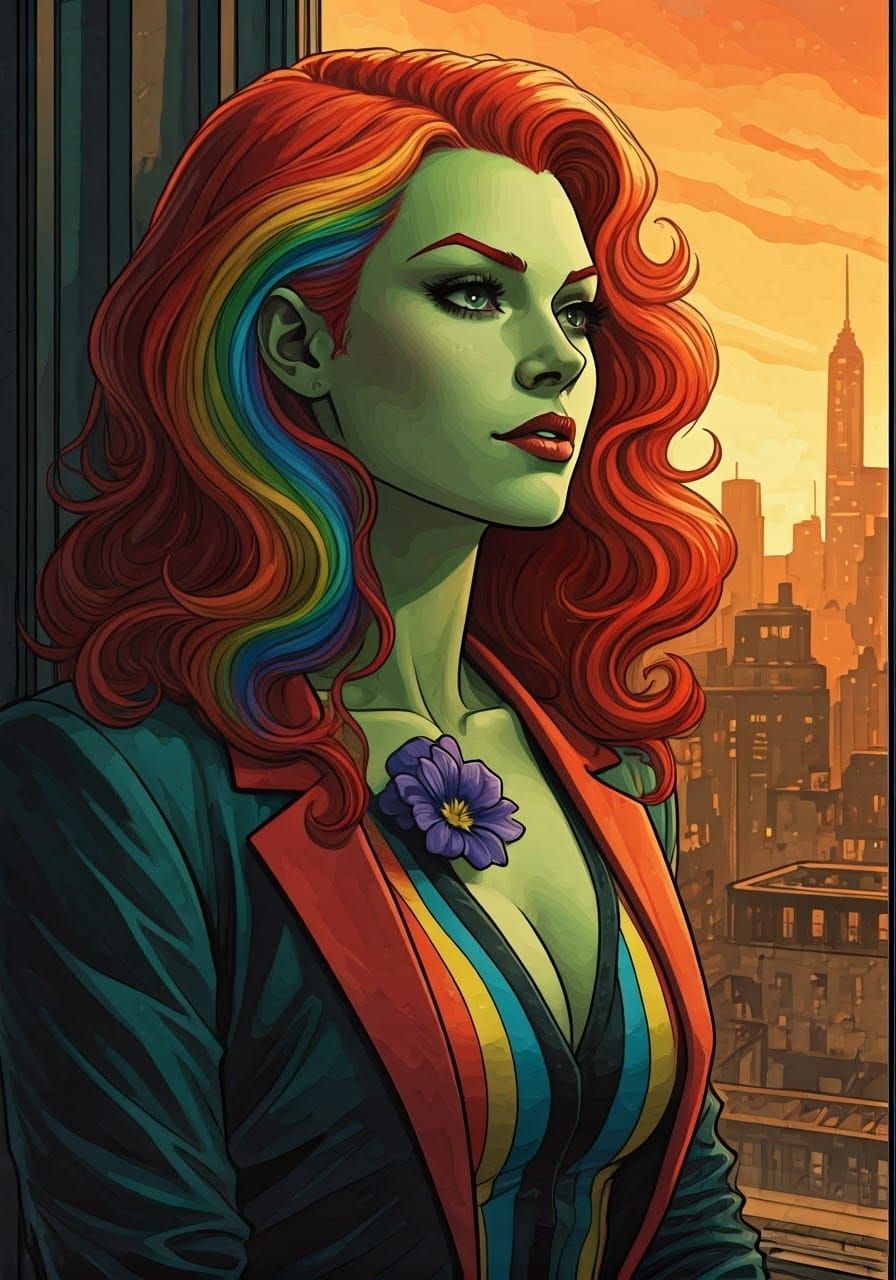 Rainbow-Haired Poison Ivy Gazing at Gotham