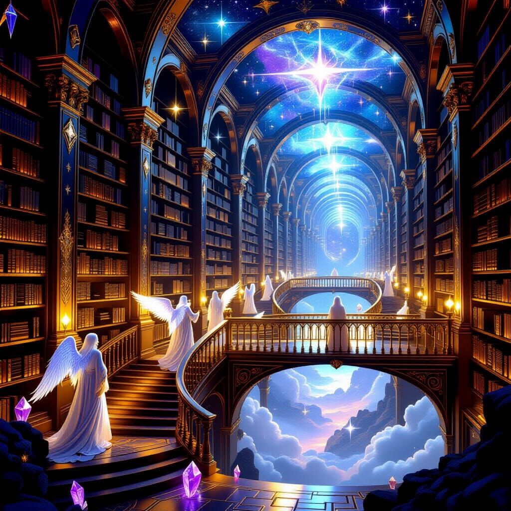 Cosmic Library with Angelic Guardians