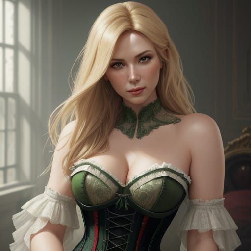Blonde Woman in Green Corset, Luxurious Bedroom Portrait