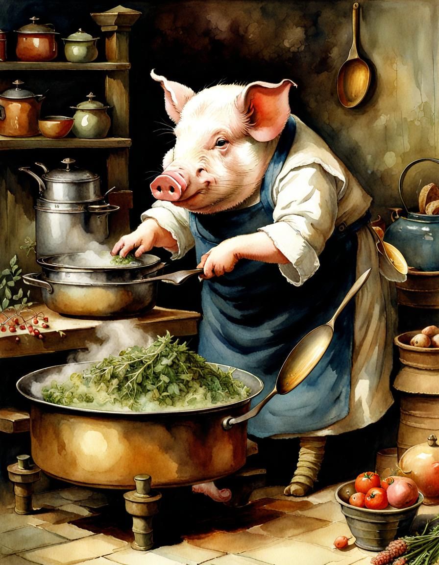 Pig Chef Adds Herbs, Watercolour Masterpiece