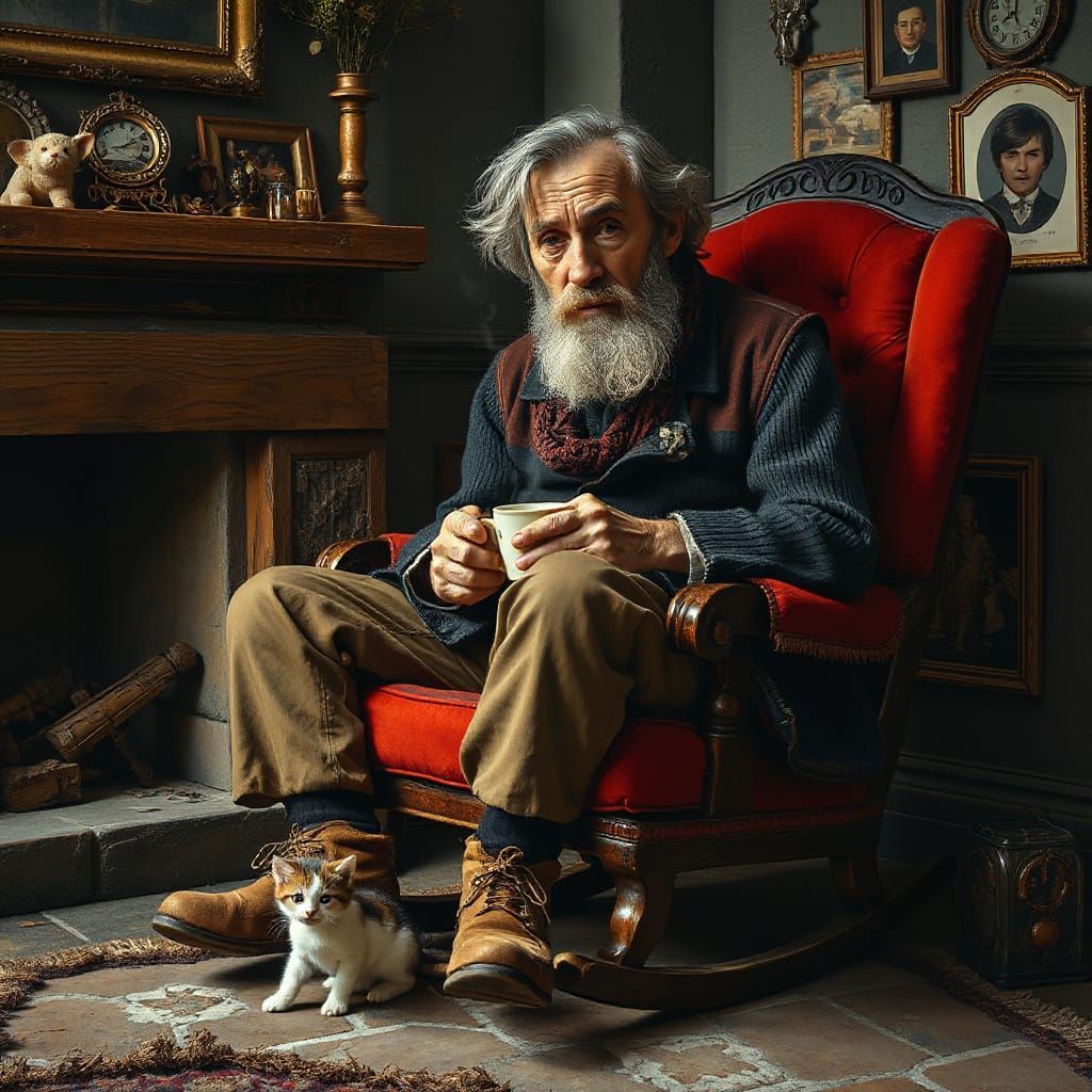 Surreal Cozy Scene with Old Gentleman and Kitten in Rustic W...