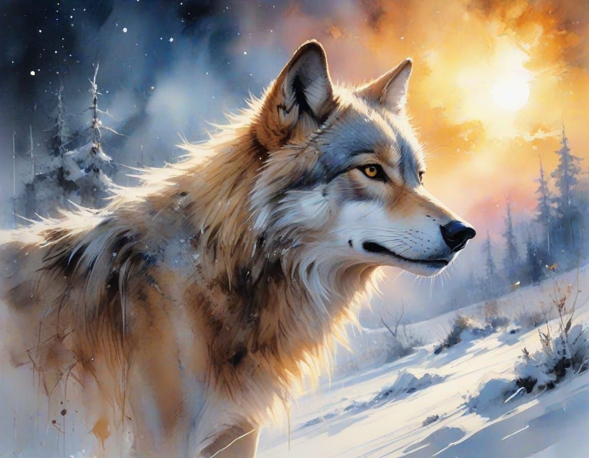 Wolf Under Starlight Sky: Watercolor Painting