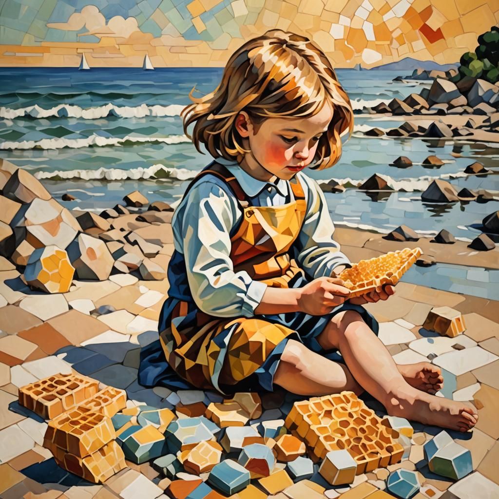 Cubist Girl Bee with Honeycomb on Sunny Beach