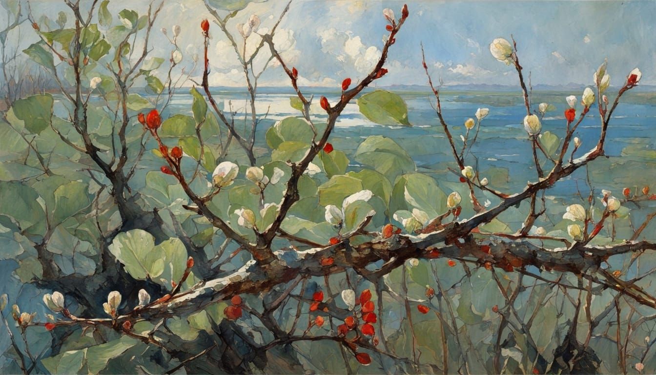 Blossoming Twig in a Vibrant Swamp Landscape