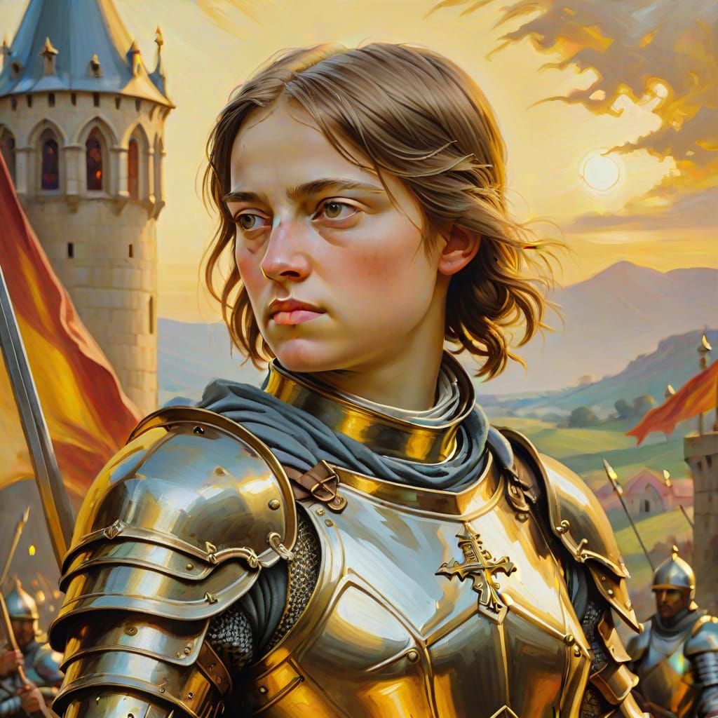Elegant Jeanne d'Arc Portrait in Golden Armor
