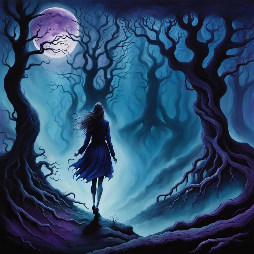 Surreal Somnambulist Near Dark Forest in Dreamlike Atmospher...