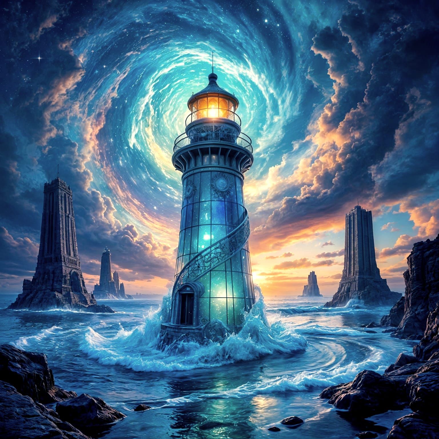 Giant Emerald Phare with Filigree Patterns in Surreal Landsc...