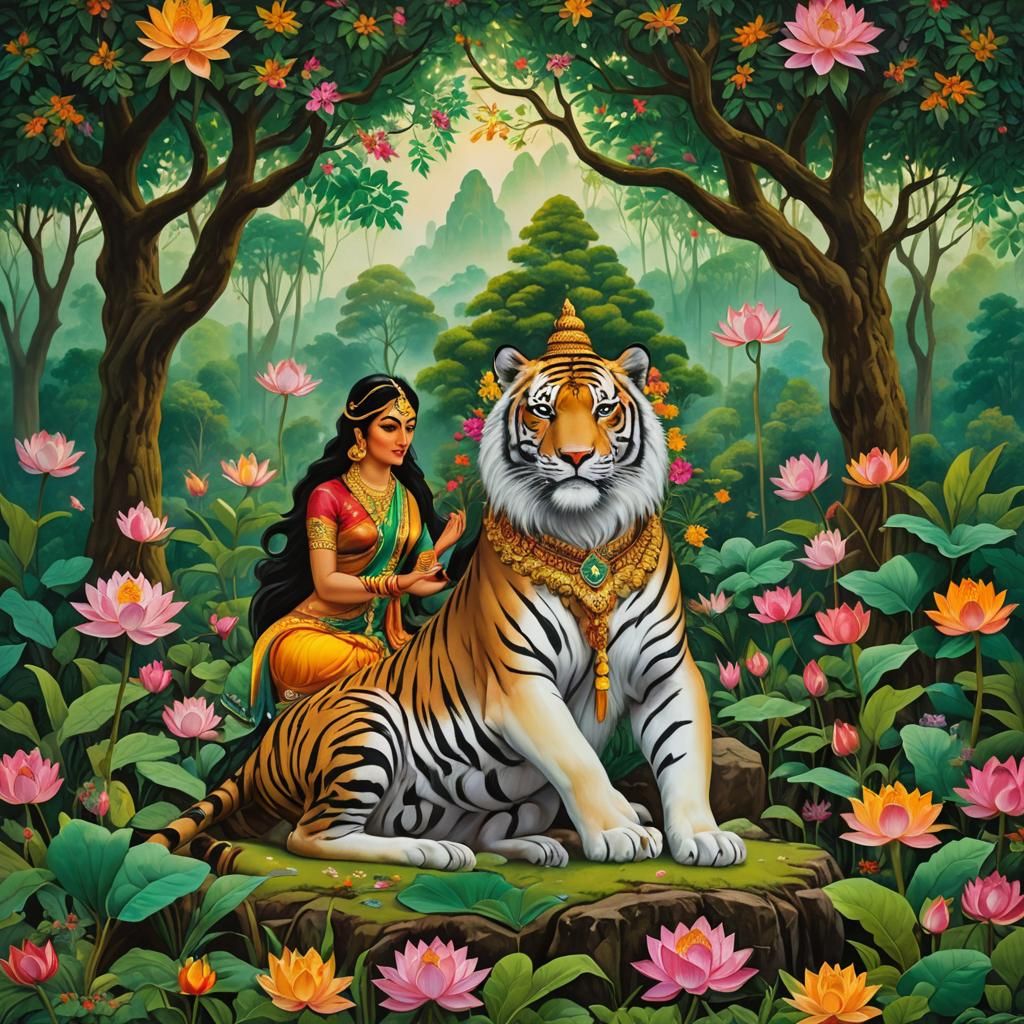 Mahadev Meditating in Lush Landscape: Raja Ravi Varma Style