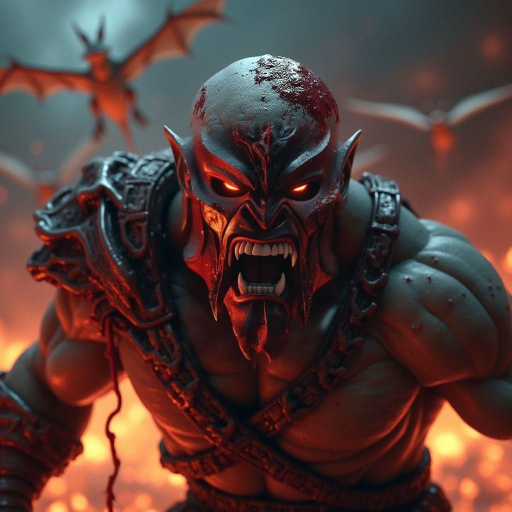 Trap Jaw in Dragon Fire: Hyperrealistic Dark Art