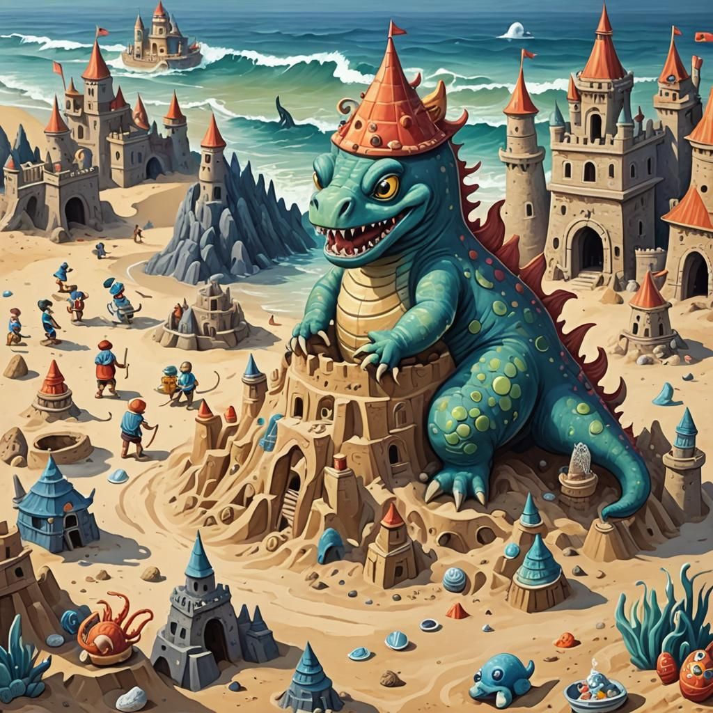 Sea Monster Builds Sandcastle: Gouache Painting