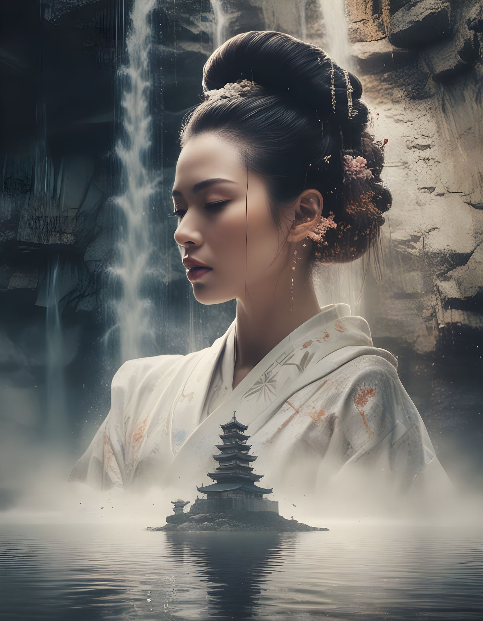 Mysterious Geisha Amidst Waterfall Fury