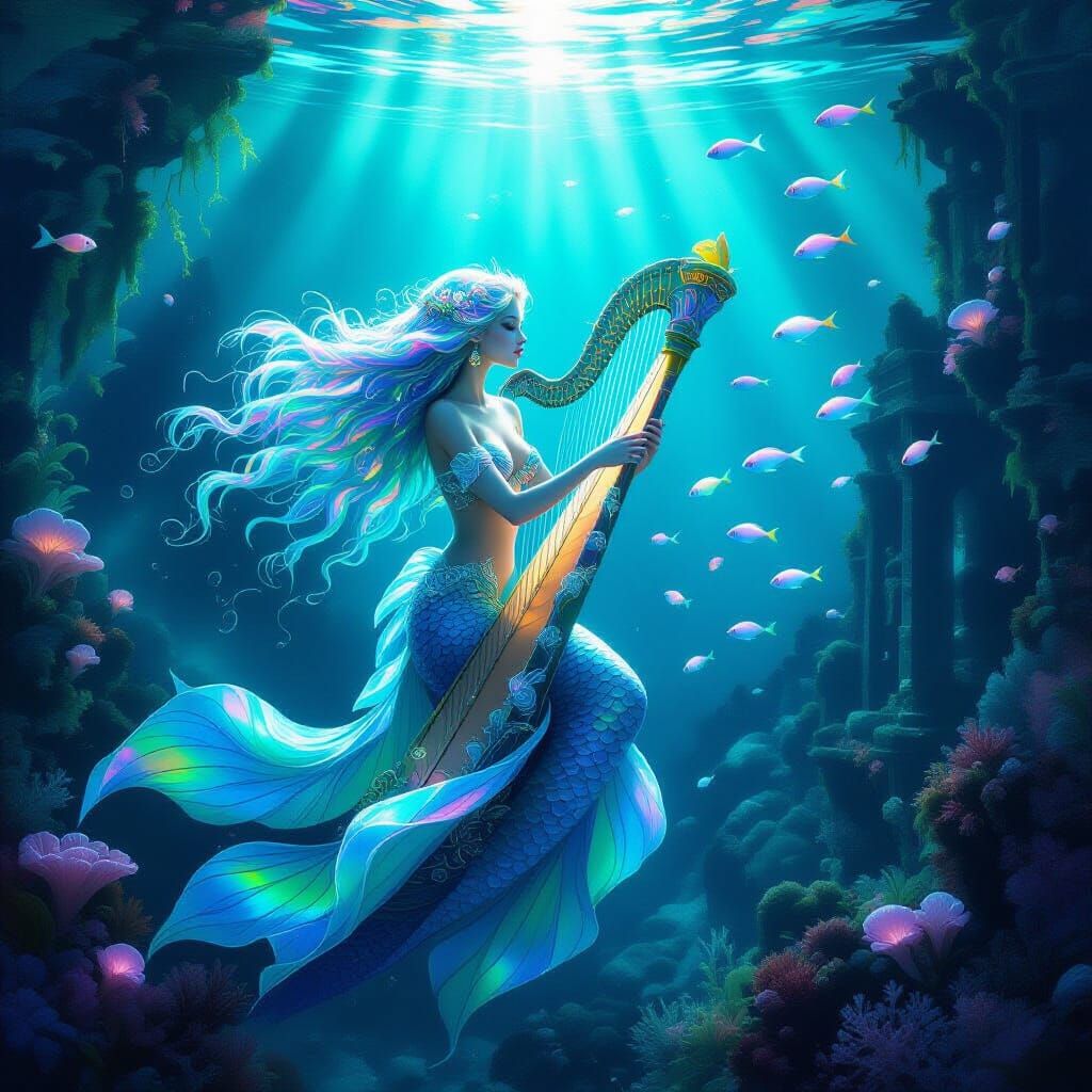 Ethereal Mermaid Plays Coral Harp in Sunken City