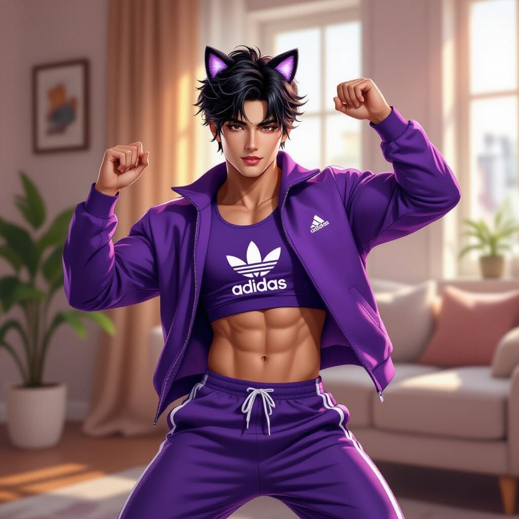 Athletic Man Dancing in Purple Tracksuit with Cat Ears