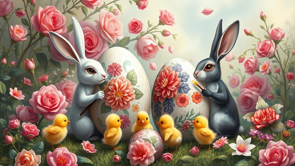 Easter Eggs Painted by Rabbits in Whimsical Landscape