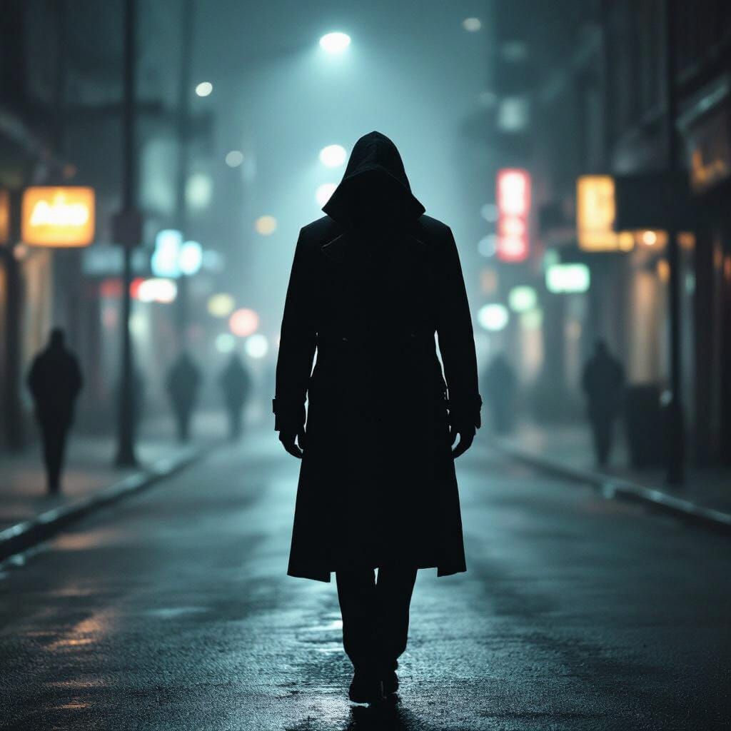 Mysterious Silhouette in Dark Street with Glowing Light