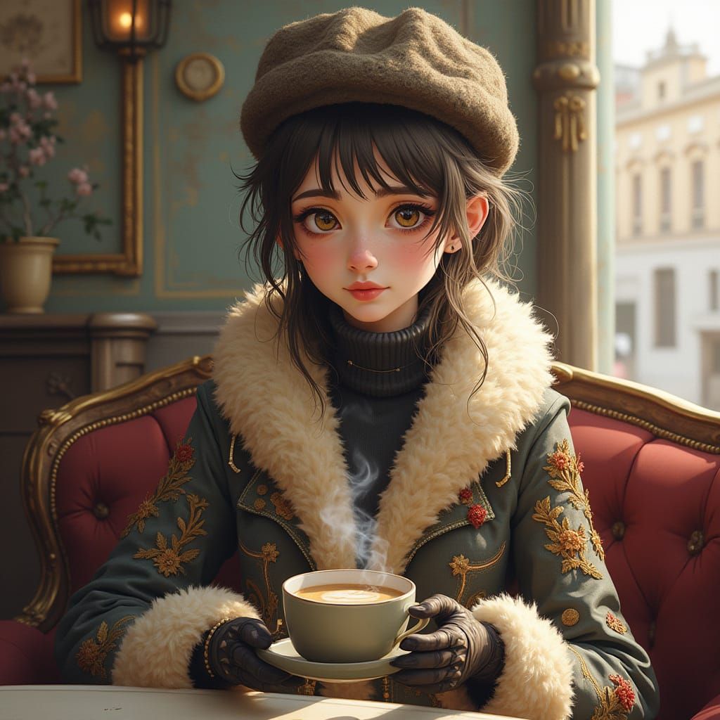 Elegant Homeless Woman Sits in Cozy Cafe, Watercolor Art