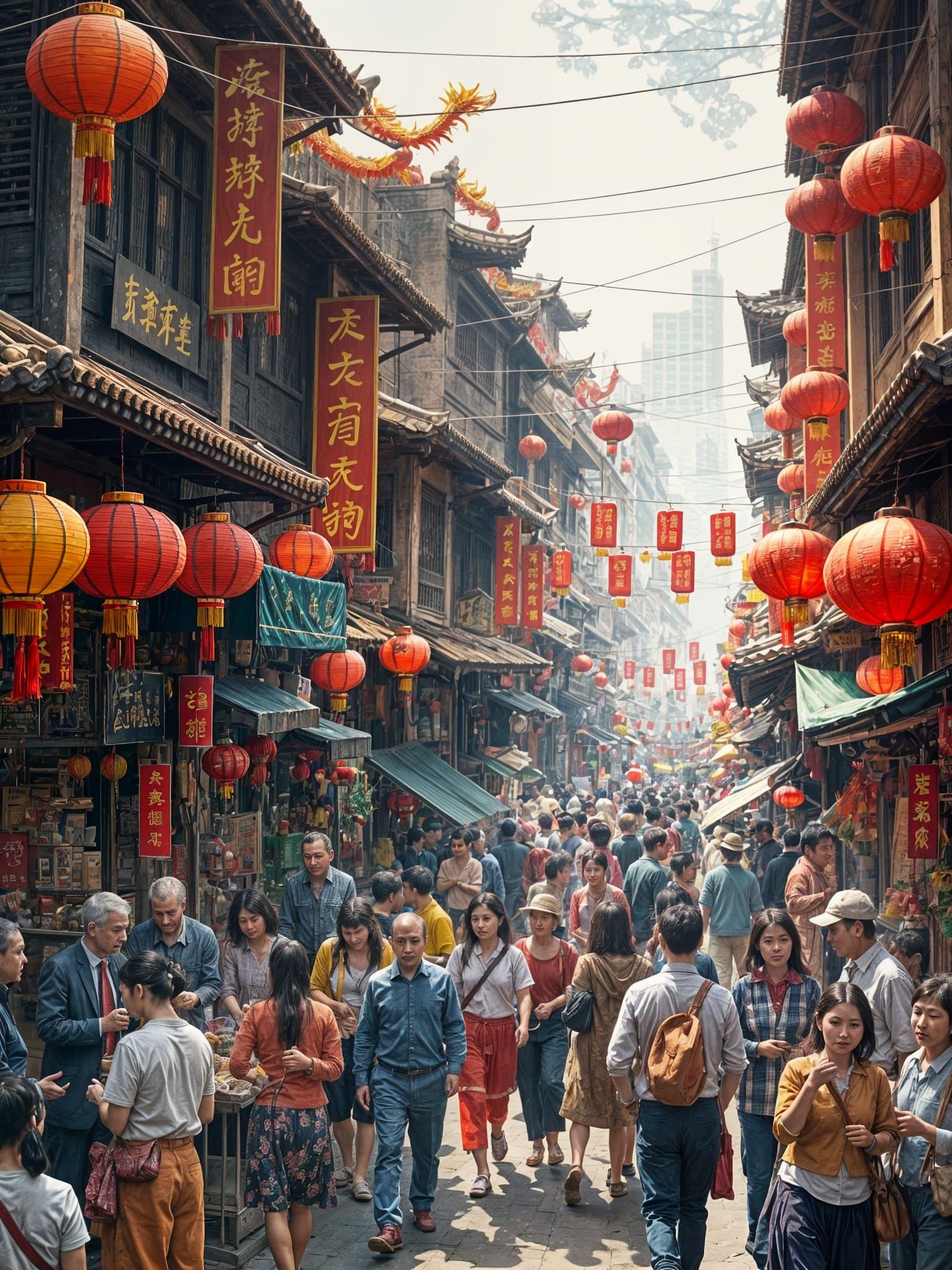 Vibrant Chinese New Year Street Market in Festive Light