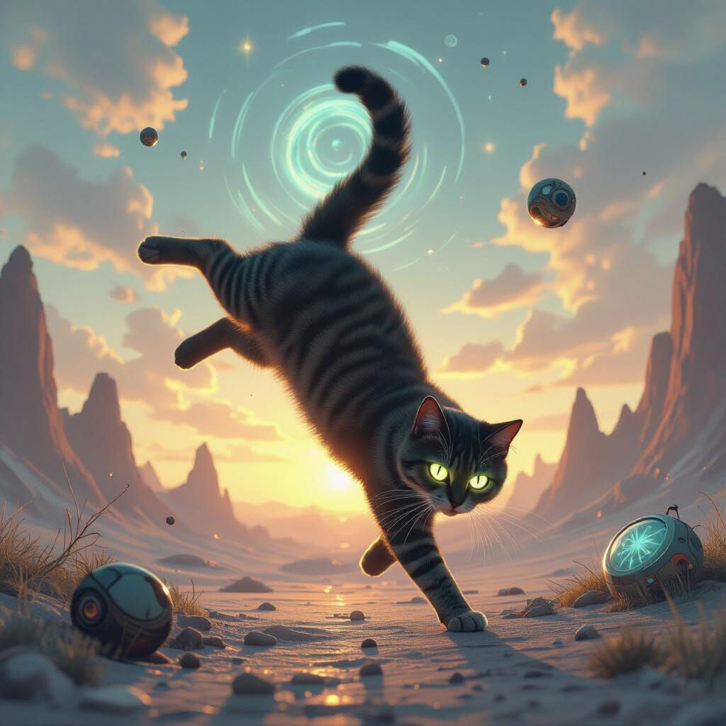 Surreal Cat in Gravity-Defying Pose