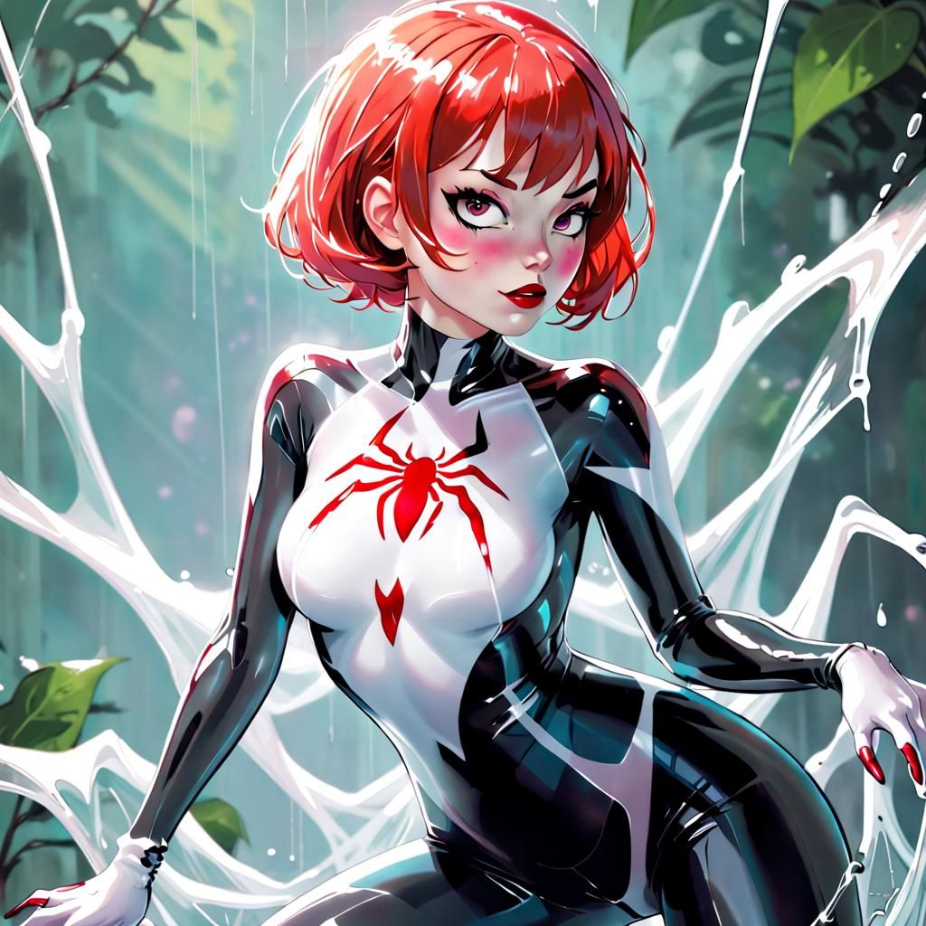 Alluring Spider Gwen in Latex Catsuit Splash Art