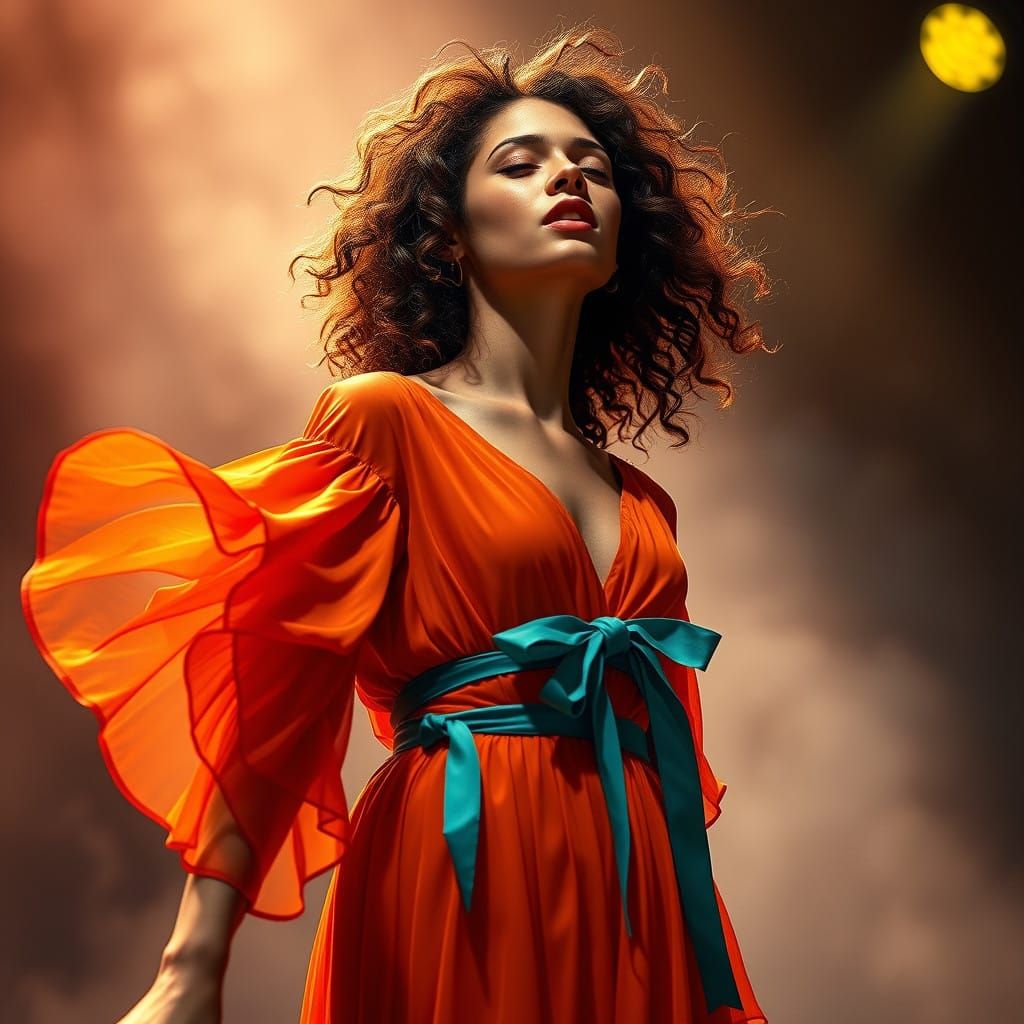 Ethereal Singer in Vibrant Orange Dress, Radiating Passion o...