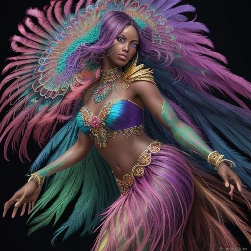 Stunning Woman with Rainbow Skin and Peacock Feathers