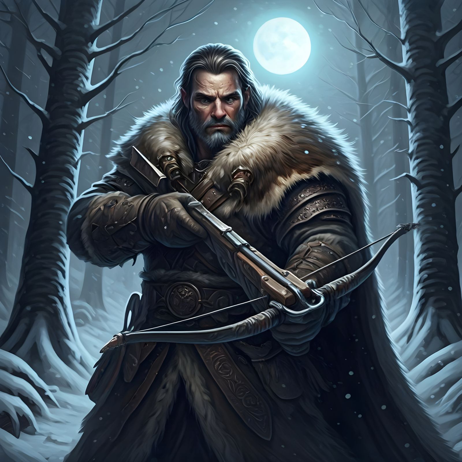 Fantasy Ranger Hunting in Boreal Forest at Night