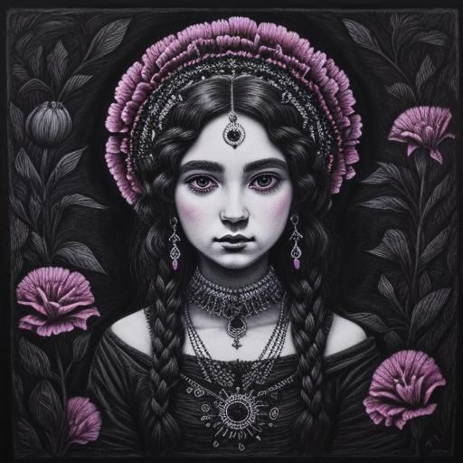 Magenta Goddess with Black Flowers and Rabbits