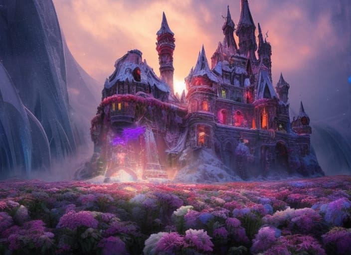 Magnificent Ice Castle at Sunset: Digital Painting