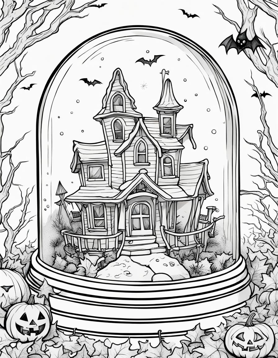 Halloween Snowglobe Coloring Page Close-Up
