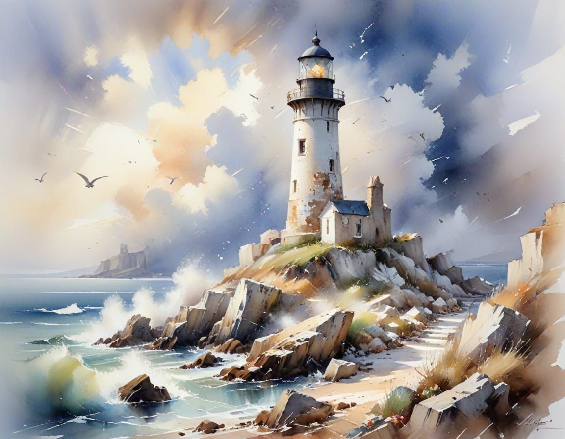 Agile Stoat Darting by Coastal Lighthouse in Watercolor