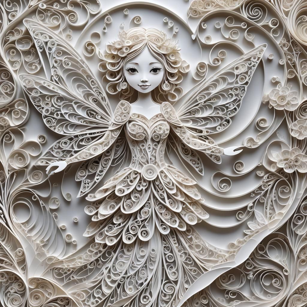 Surreal Winged Fairy over Lace Landscape