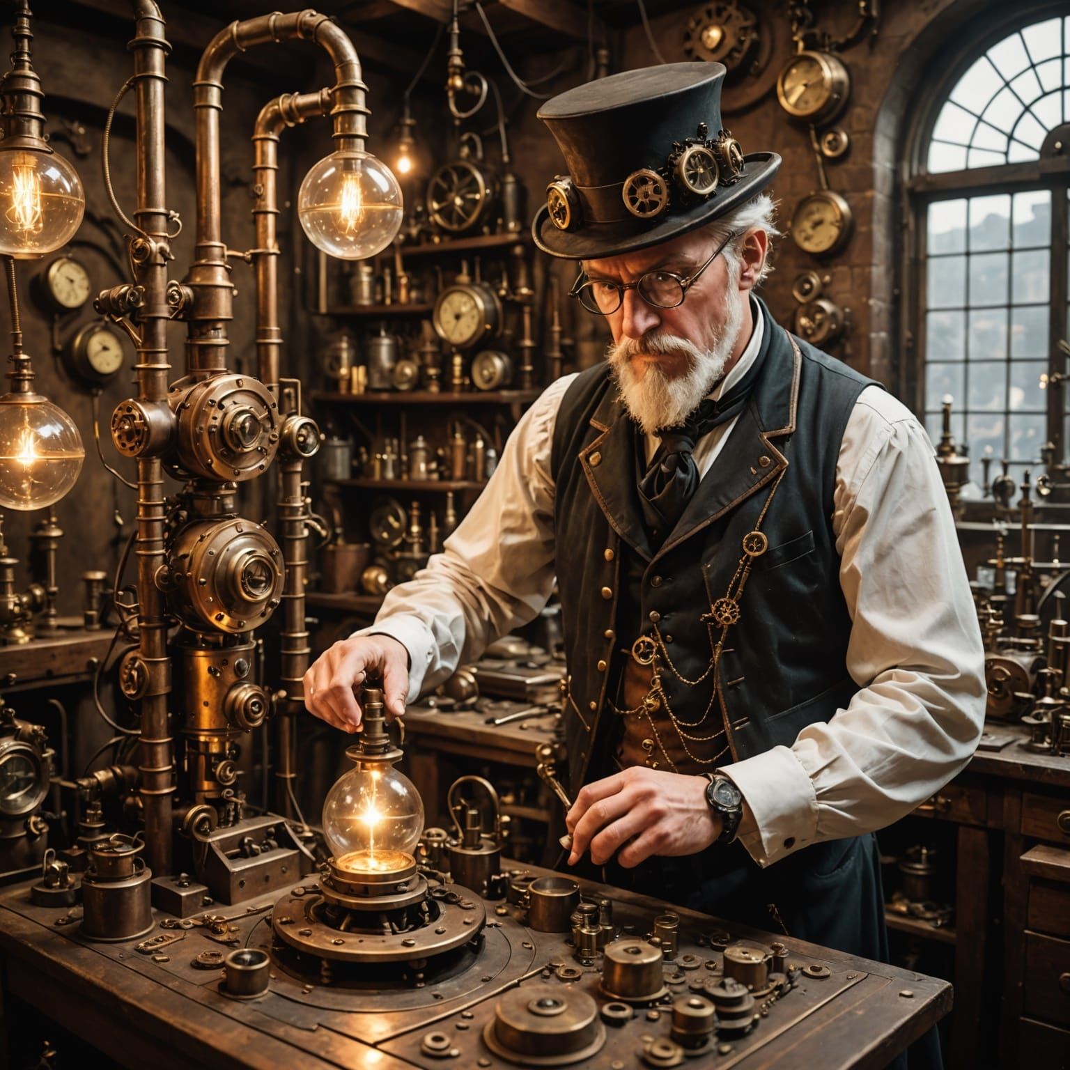 Steampunk Wizard Creates Magical Device in Workshop