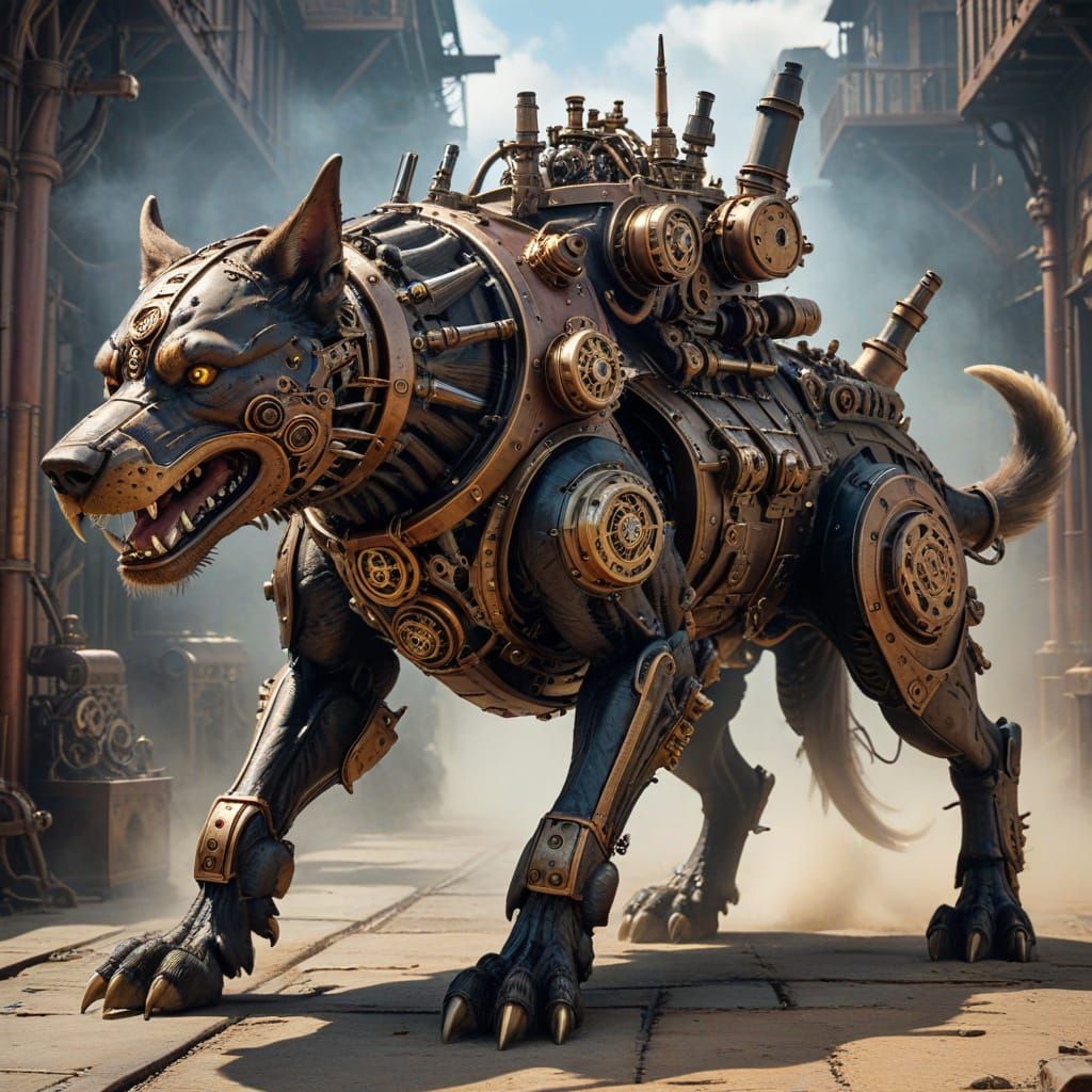 Steampunk Cerberus: A Mechanical Hound