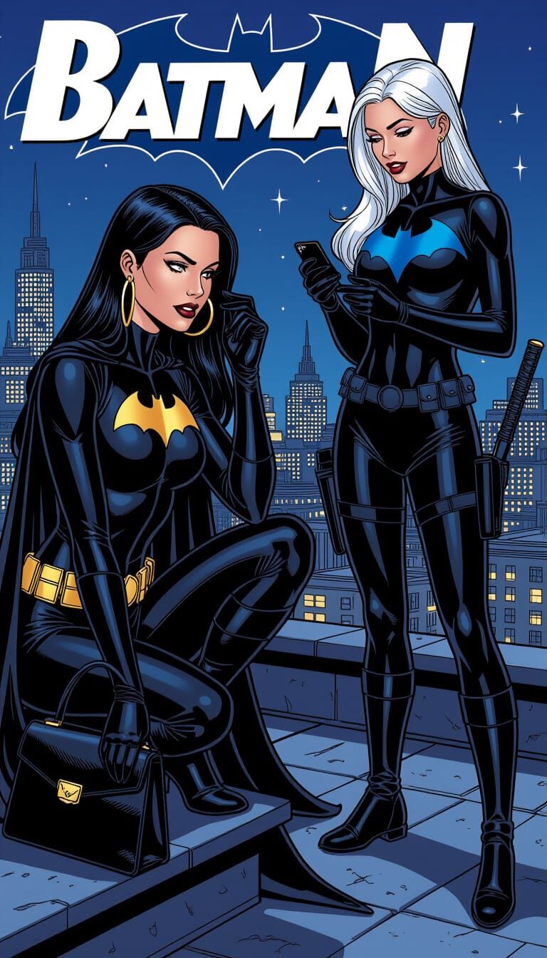 Batwoman and Nightwing on Rooftop, in Comic Book Style