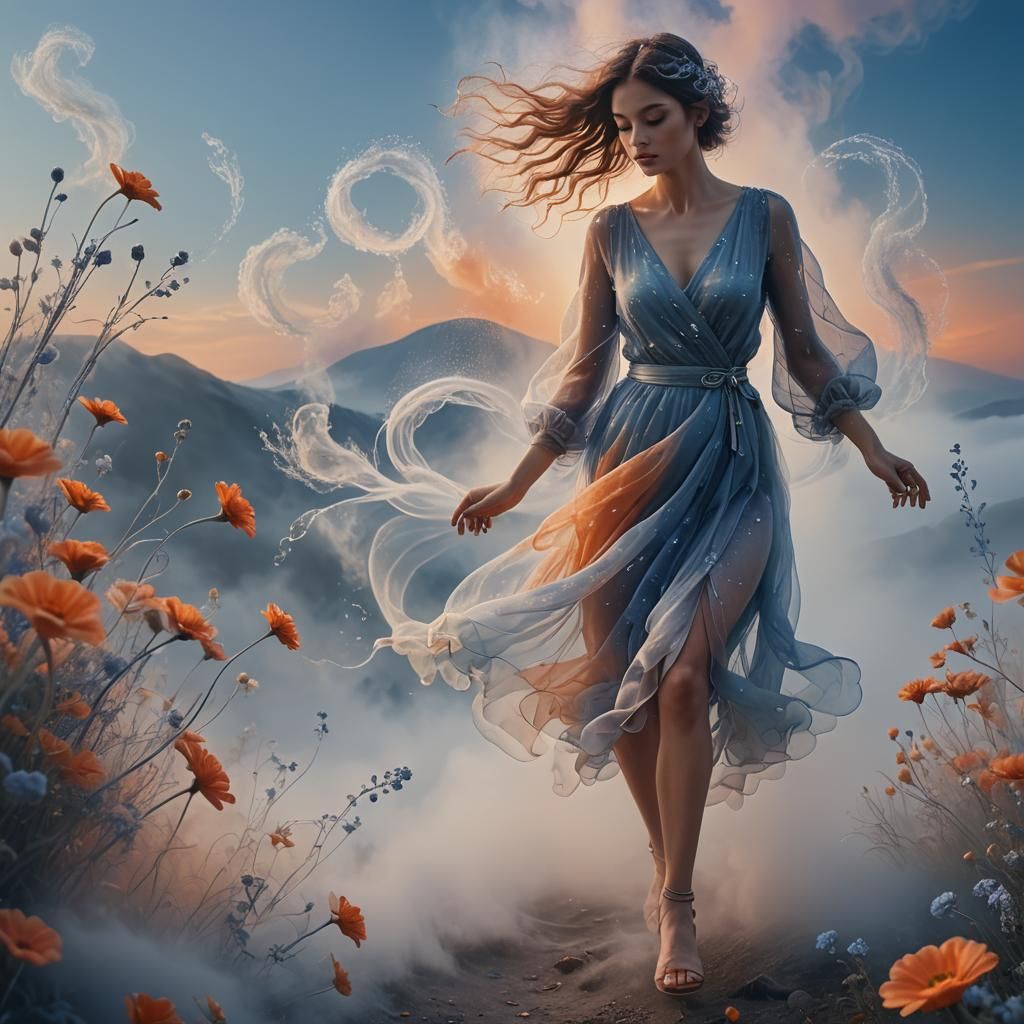 Woman Steps into Swirling Mist in Surreal Dreamscape