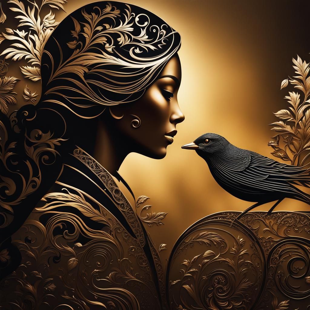 Foil Stamping Art: Woman and Birds in Silhouette