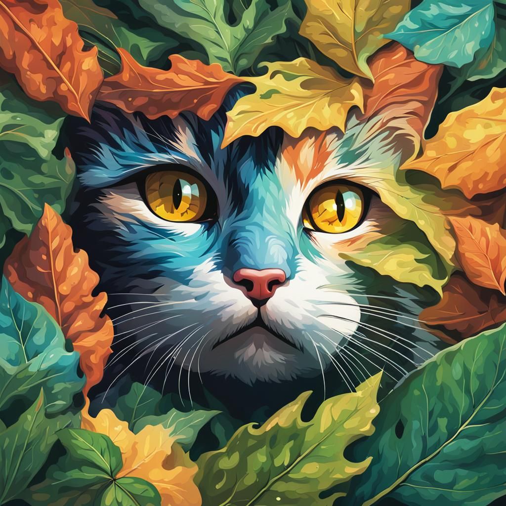 Cute Cat Face Hiding Under Leaves