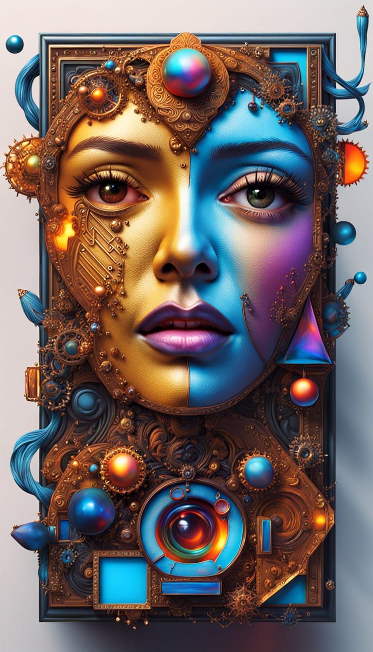 Geometric Abstract Art with Faces in Psychedelic Colors