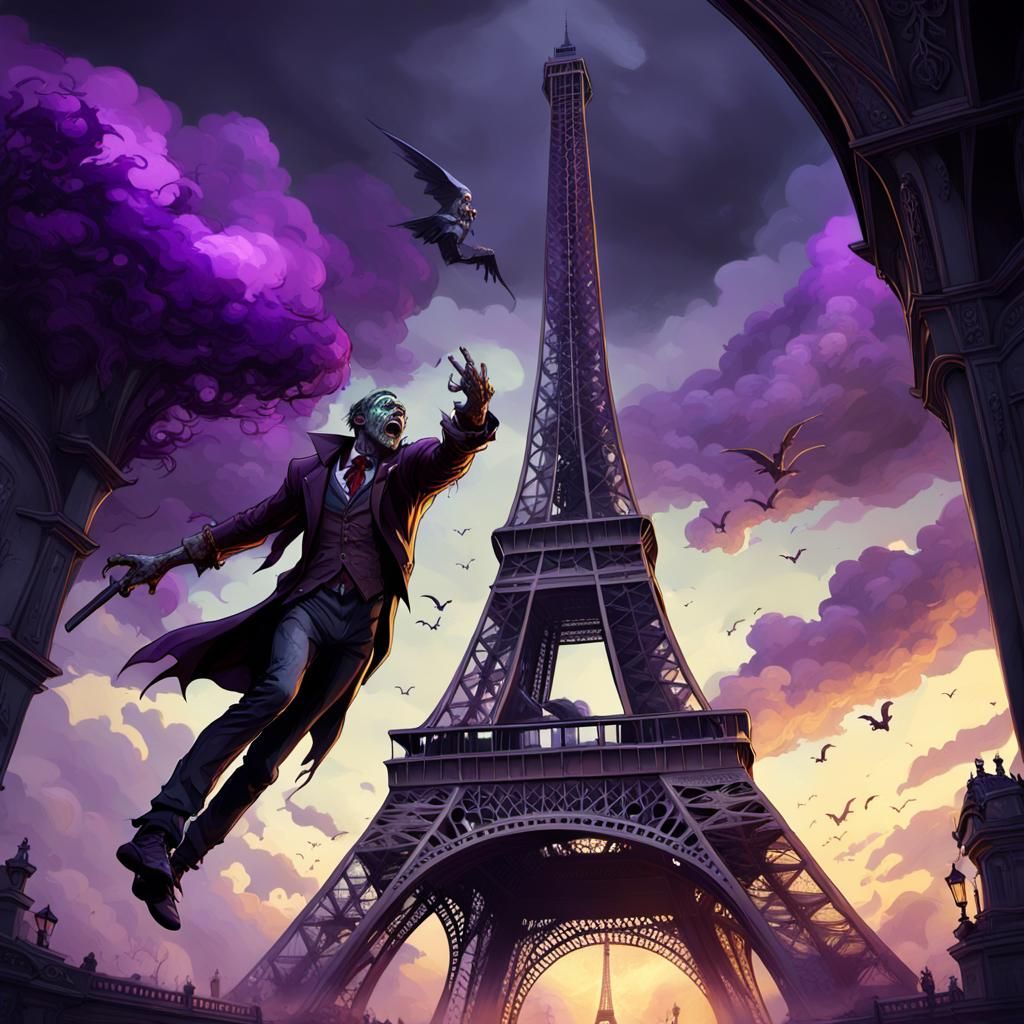 Zombie Versus Vampire at Eiffel Tower in Dark Fantasy