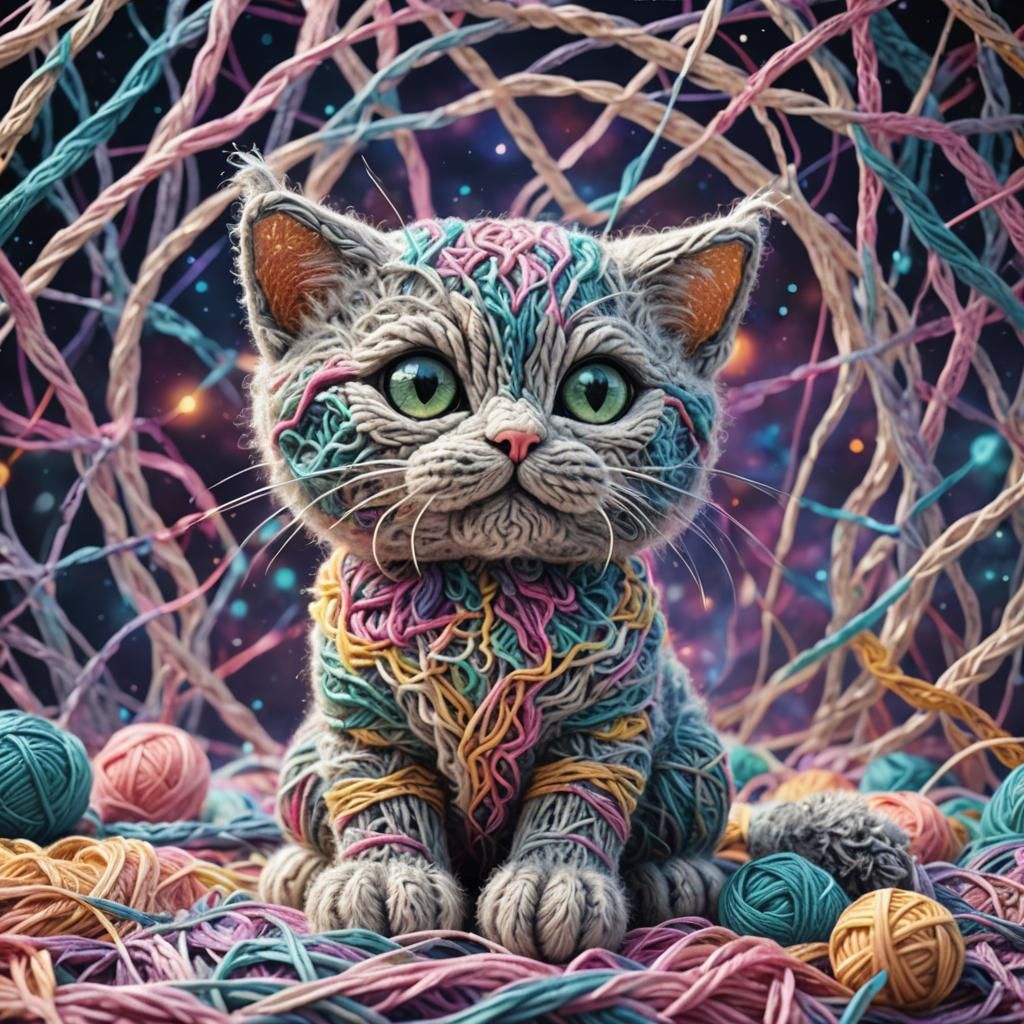 Yarn Cat: 3D Render with Holographic Illustration
