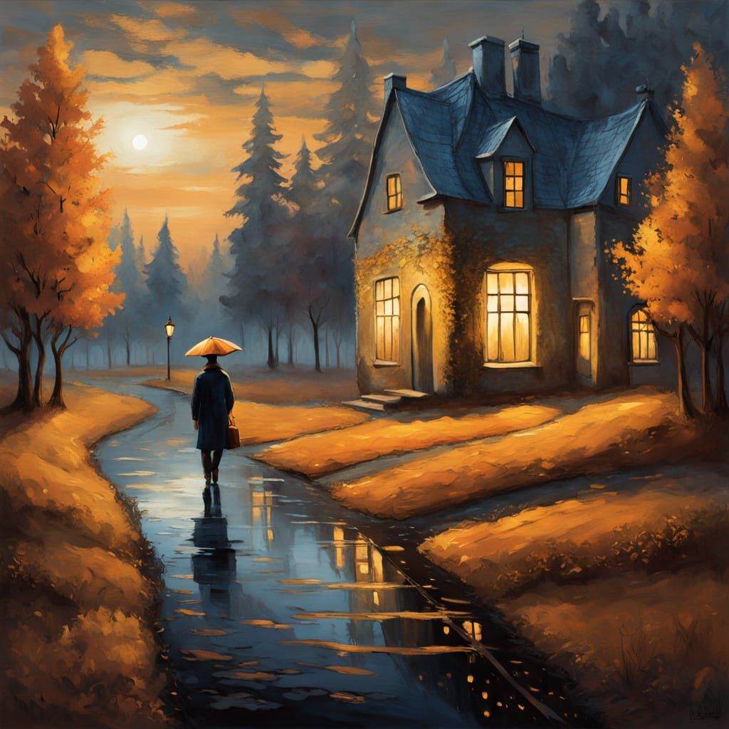 Autumn Evening on a Glowing Forest Path in Moody Empesto Sty...