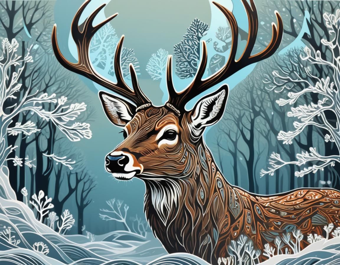 Stag in Winter: Deer Linocut Print